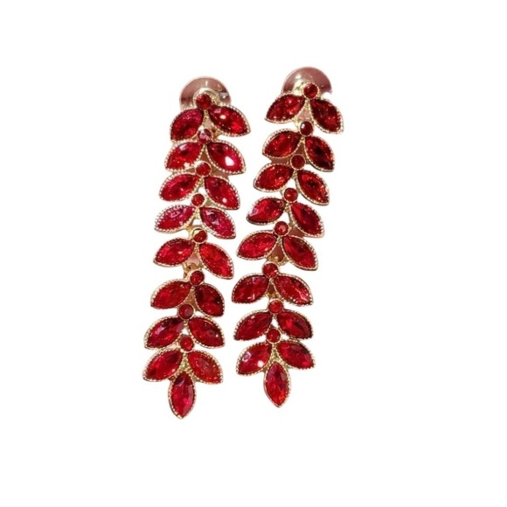 Red Crystal Leaf Drop Earrings Gold Tone Long Marquise Statement Dangle Wedding‎